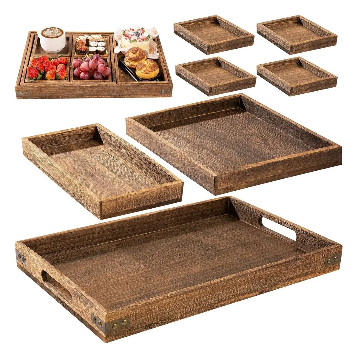 7-Piece Sturdy Rustic Wooden Serving Trays with Handles, Rectangular Platters for Family, Small Spaces & Coffee Shops - 10.65" Length, 11.5" Wide Home Organizer for Breakfast & Coffee Table Organization