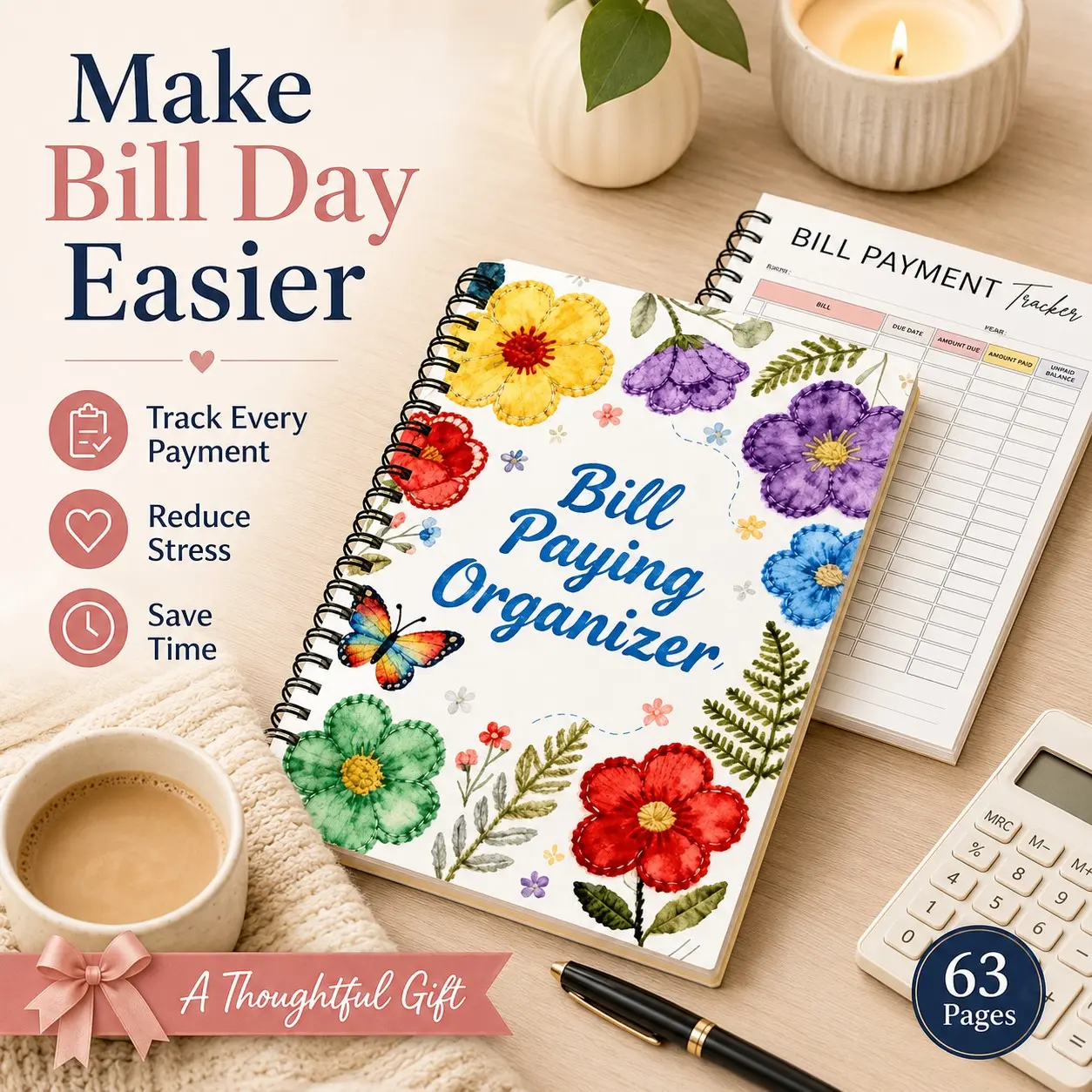 Bill Paying Organizer, 63-Page Monthly Bill Payment Tracker Notebook, Floral Spiral Budget Planner for Due Dates, Payments & Expense Trackin
