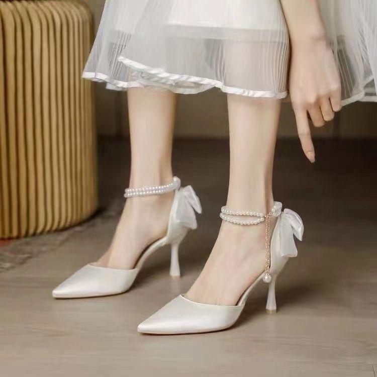 French Style Pearl Sandals Pointed Toe Thin Heel Summer Slimming Fairy Style Women High Heels French Style Pearl Sandals Pointed Toe Thin Heel Summer Slimming Fairy Style Women High Heels