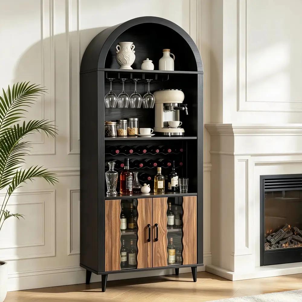 71" Farmhouse Arched Wine Bar Cabinet, Tall Black Display Cabinet with Wine Rack & Glass Holder, Freestanding Liquor Cabinet Coffee Bar Station, Whiskey Bar Cabinet with Storage Shelves for Living Room Dining Room Kitchen Entertainment Area