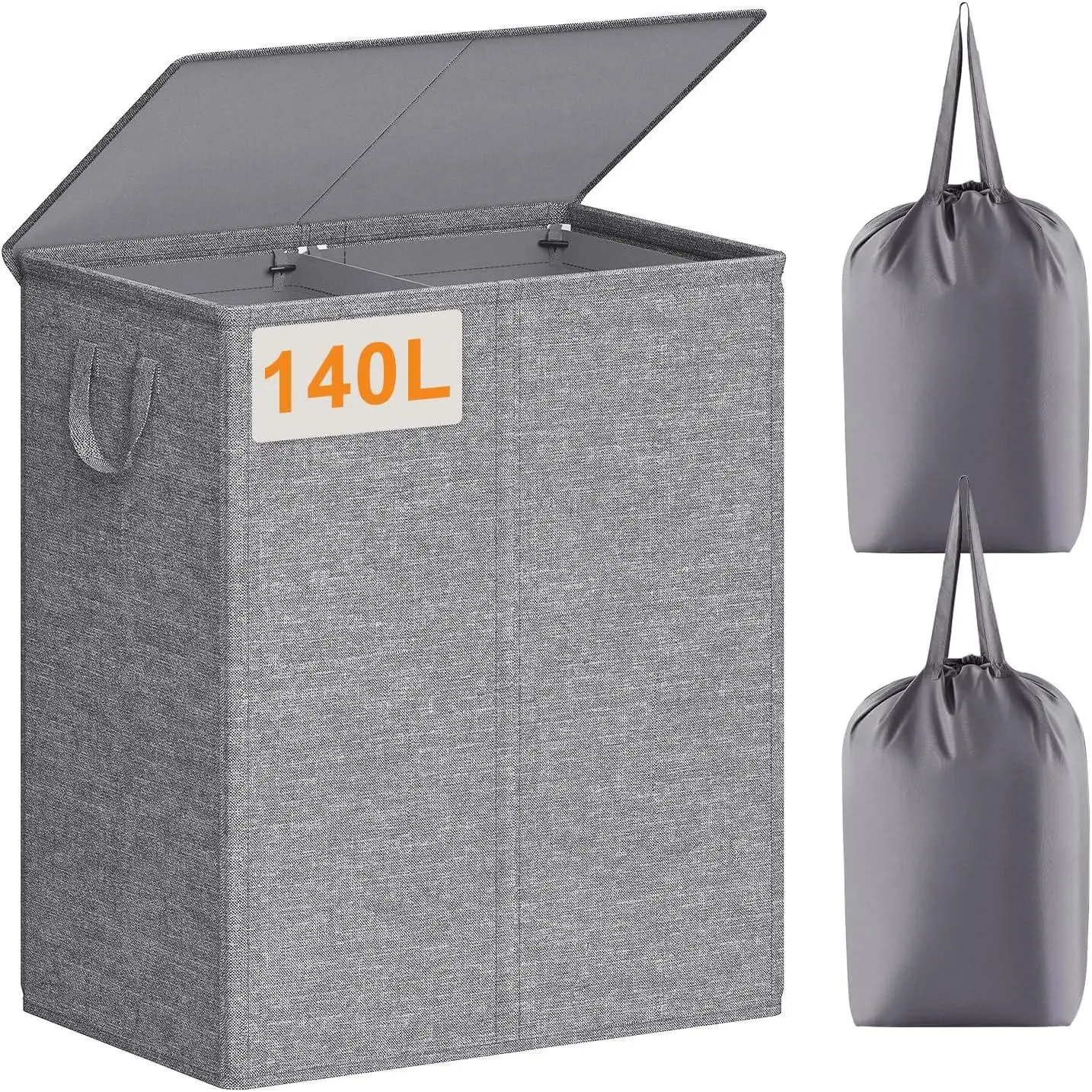 140L Laundry Hamper 2 Section, Double Laundry Basket with Lid, Large Dirty Clothes Hamper with Removable Liner Bags, Collapsible Laundry Organizer for Bedroom, Dorm,Grey