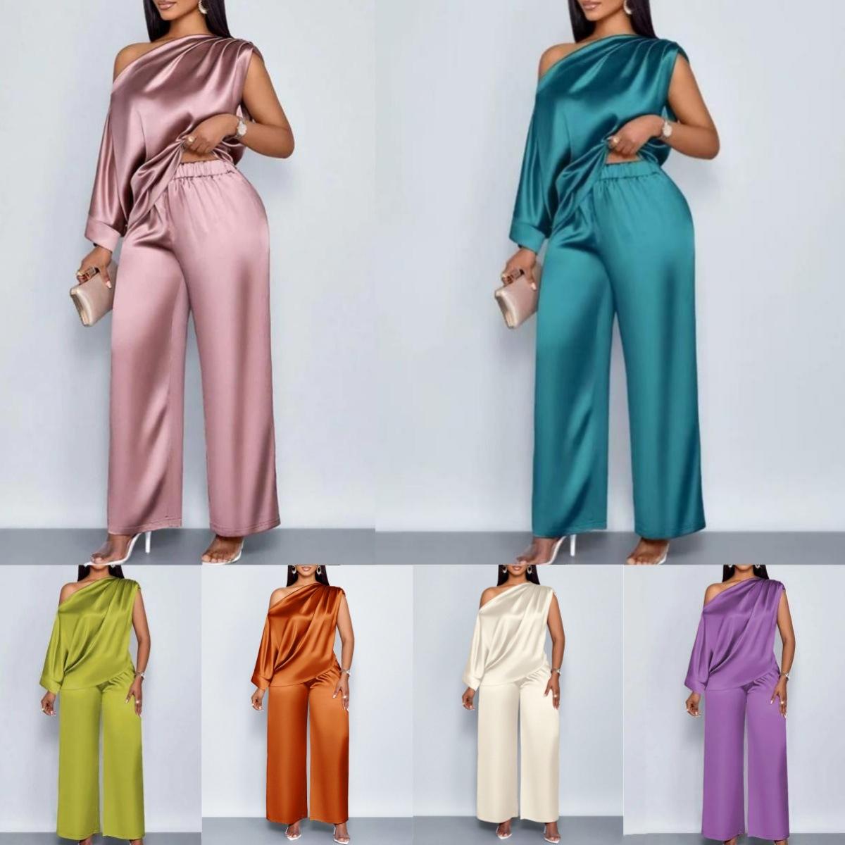 Summer Casual Women's Satin Suit with Asymmetrical Collar, Short-Sleeved Top and Long Pants Set
