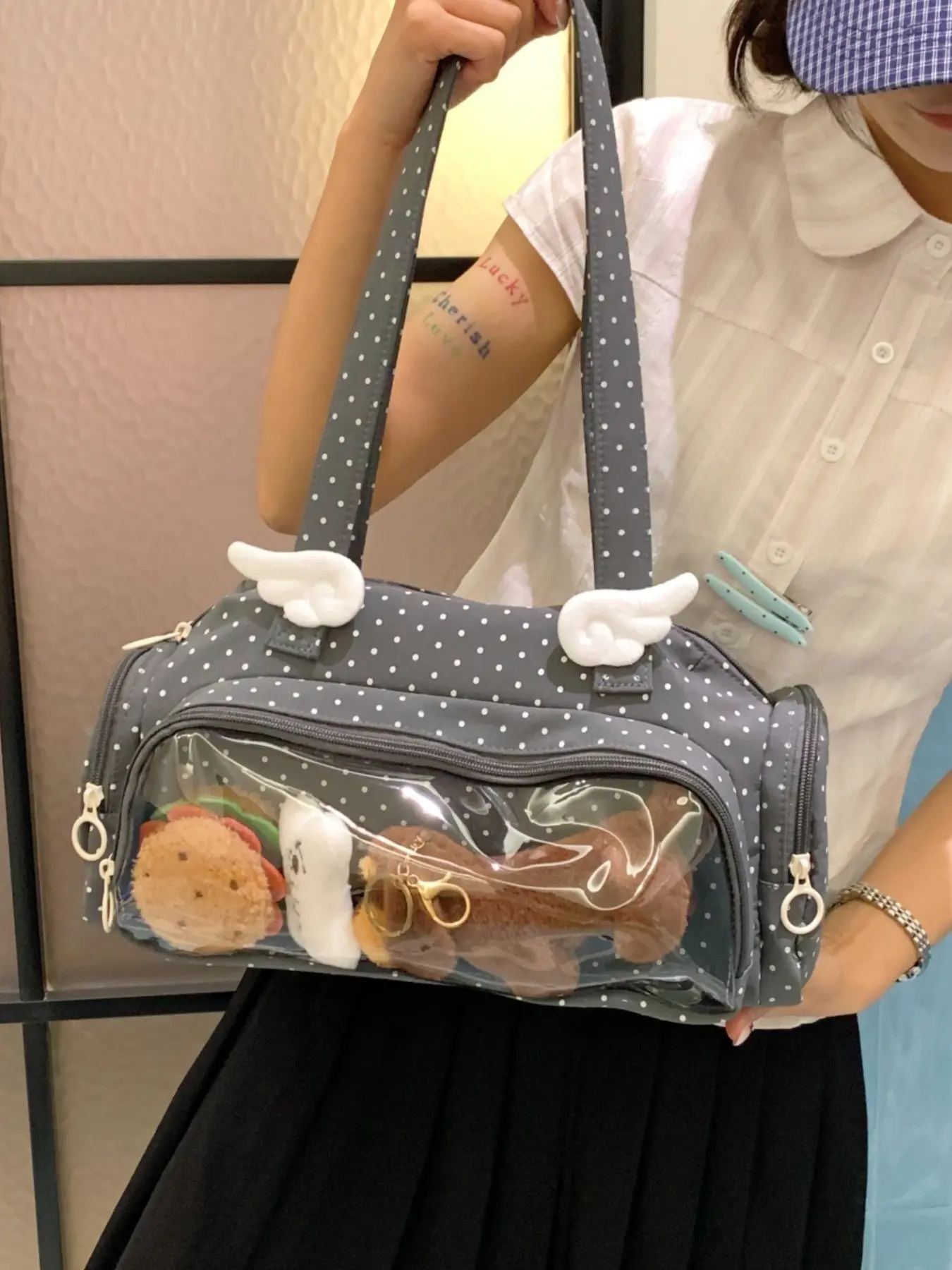 2026 New Angel Wings Small Polka Dot Transparent Doll Bag for Women, Large Capacity Round Tube Cotton Doll Pouch, Four Colors Handbag Shoulder Pillow Bag