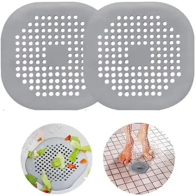 2 Pack Drain Cover Hair Catcher Pad,  Tube  Shower with Sucker for Bathroom Kitchen, 5.5" Flat Square Rubber Strainer Plug Filter Bathtub Sink  Drain Protectors, Grey