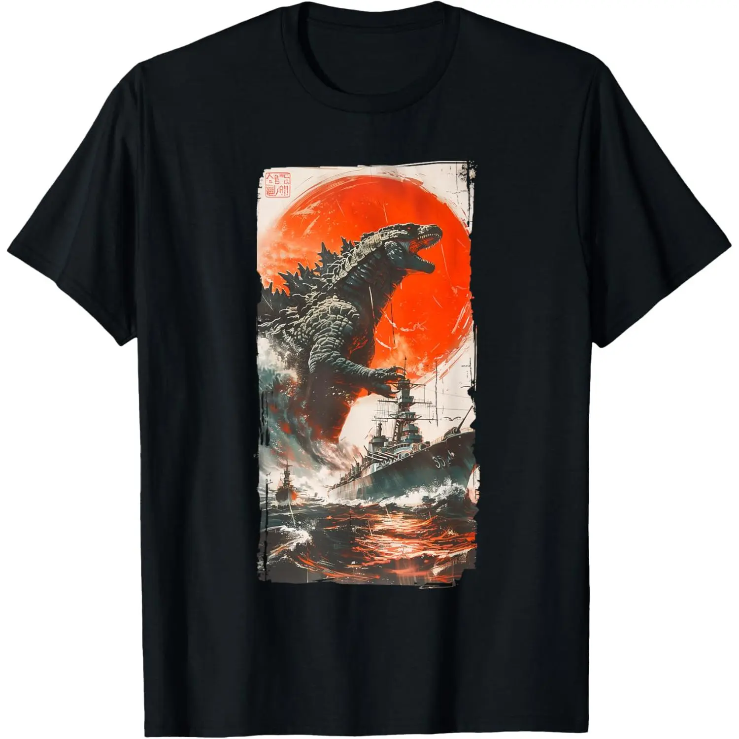 Traditional Japanese Ukiyo-E Woodblock Print Giant Red Rising Sun Godzilla Kaiju Vintage Warship Storm Ocean Wave Scroll Graphic T-Shirt For Men Women Crewneck Short Sleeve Oversized Oriental Retro Monster Comic Con Streetwear Tops Big Tall Plus Size S To