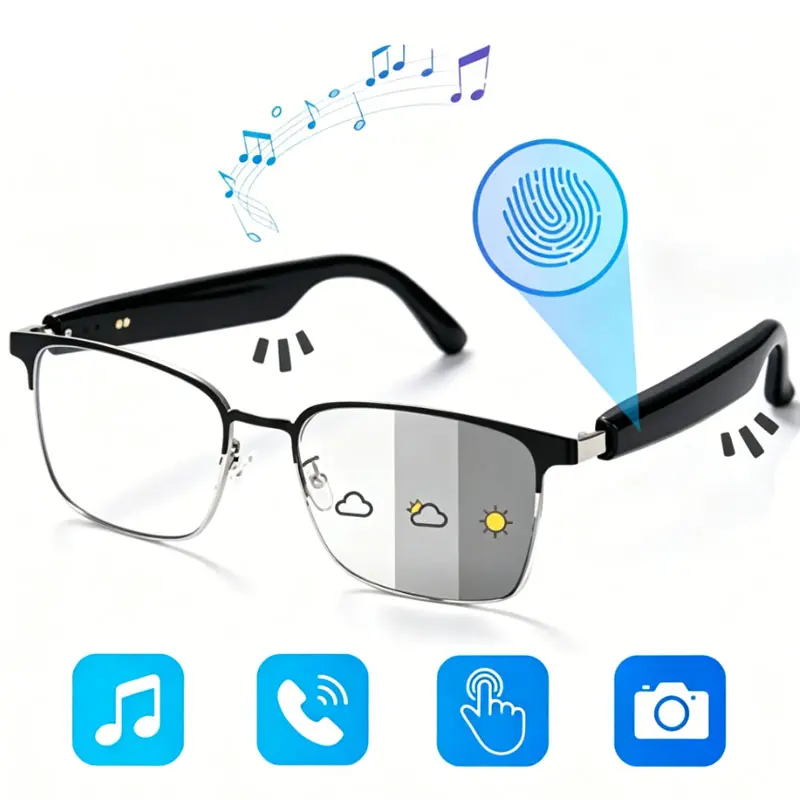 Smart Bluetooth Glasses, Multifocus Photochromic Smart Audio Glasses for Men Women, Open-Ear Music Blue Light Filtering Eyeglasses, UV-Responsive Lens Glasses Suitable for Indoor and Outdoor Use, Multifunctional Smart Glasses