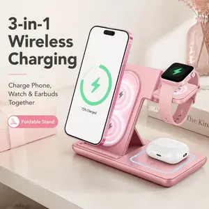 Foldable 3-in-1 Wireless Fast Charger with LED Indicator, Mobile Multi-Device Charging Station 15W Wireless Charging Pad for iPhone, Apple Watch, Air pods, Desktop Nightstand Charging Organizer, Home Travel Essential Charger