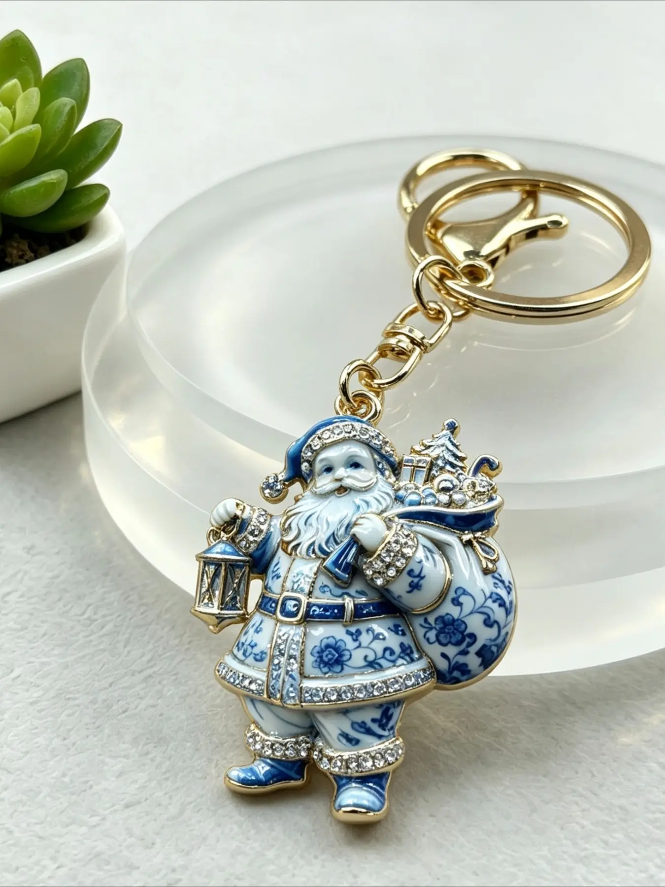 Blue and White Porcelain Christmas Santa Claus Rhinestone Keychain, Vintage Enamel Santa Gift Bag Lantern Key Ring Bag Charm Pendant, Xmas Holiday Jewelry Gift for Friends