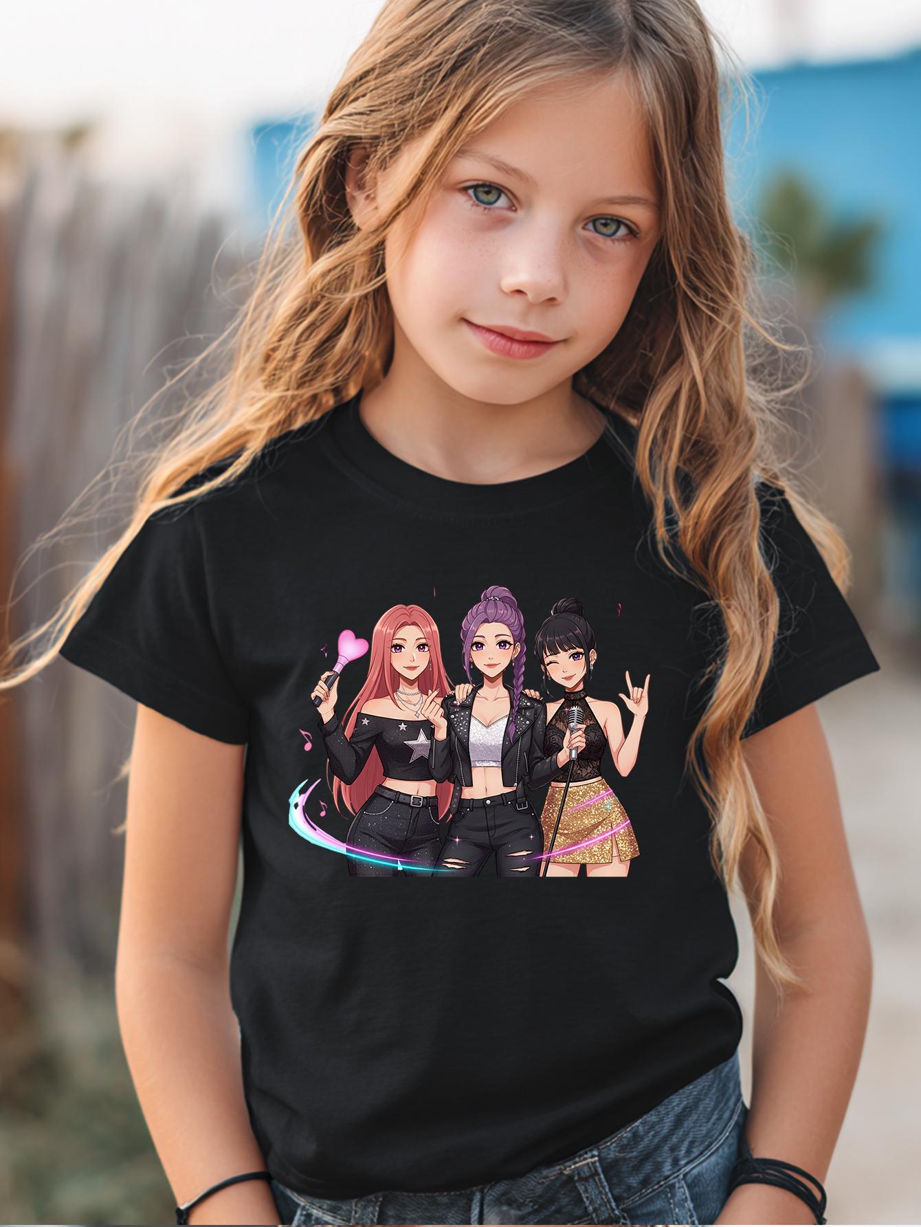 Girls' Fashion Random Print T-Shirt, Comfortable and Soft for Spring/Summer, Party and Spring/Summer T-Shirt, Vacation Holiday Gift, Fun Design, Soft Fabric T-Shirt