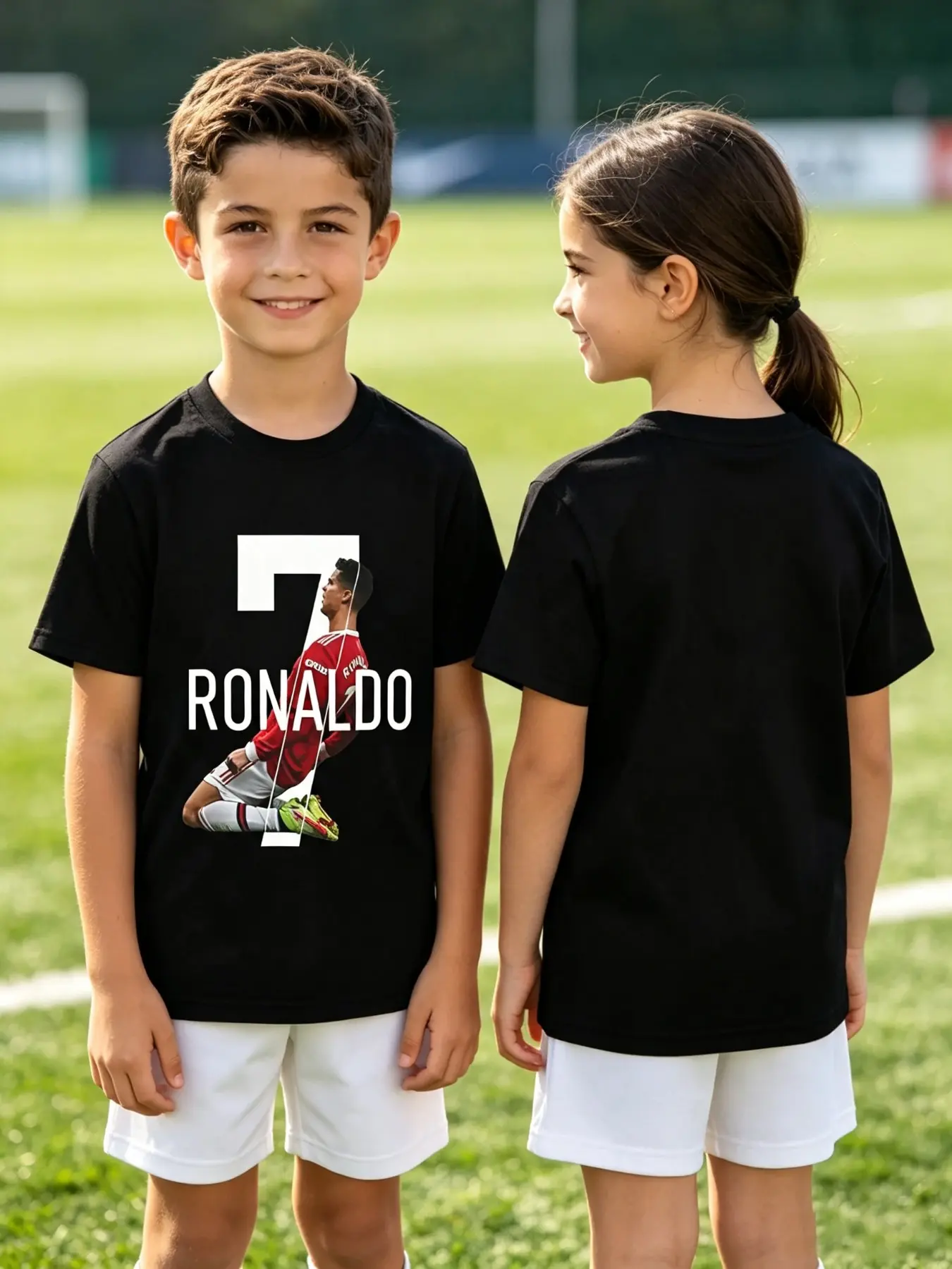 Kids' Ronaldo 7 Soccer T-Shirt, Casual Loose-Fit Long Sleeve Tee, All-Over Print, Four Seasons Training Wear, Parent-Child Sports