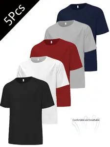 5-Pack Men's Fashion Solid Short Sleeve Round Neck T-Shirts, Summer Comfortable Breathable, Running Fitness Casual Sportswear, Casual Workout Tops