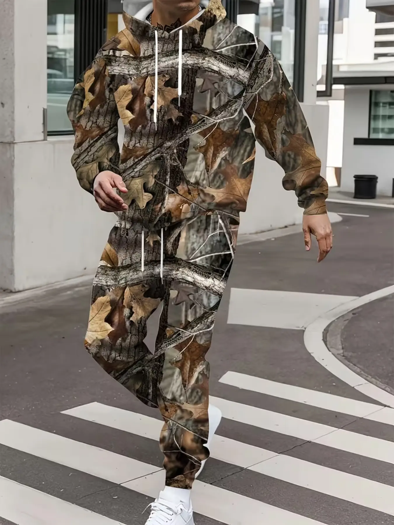 Men's 2-Piece Hooded Sweatshirt Set, Forest Camo 3D Print, Long Sleeve, Slim-Fit, Casual Outdoor Sports Wear, All Seasons