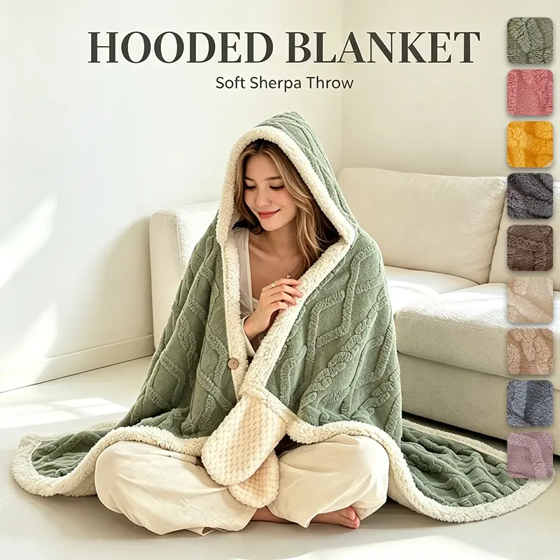 Hooded Plush Throw Blanket, Soft Warm Wrap with Cozy Lining, Comfortable Indoor Blanket for Autumn Winter