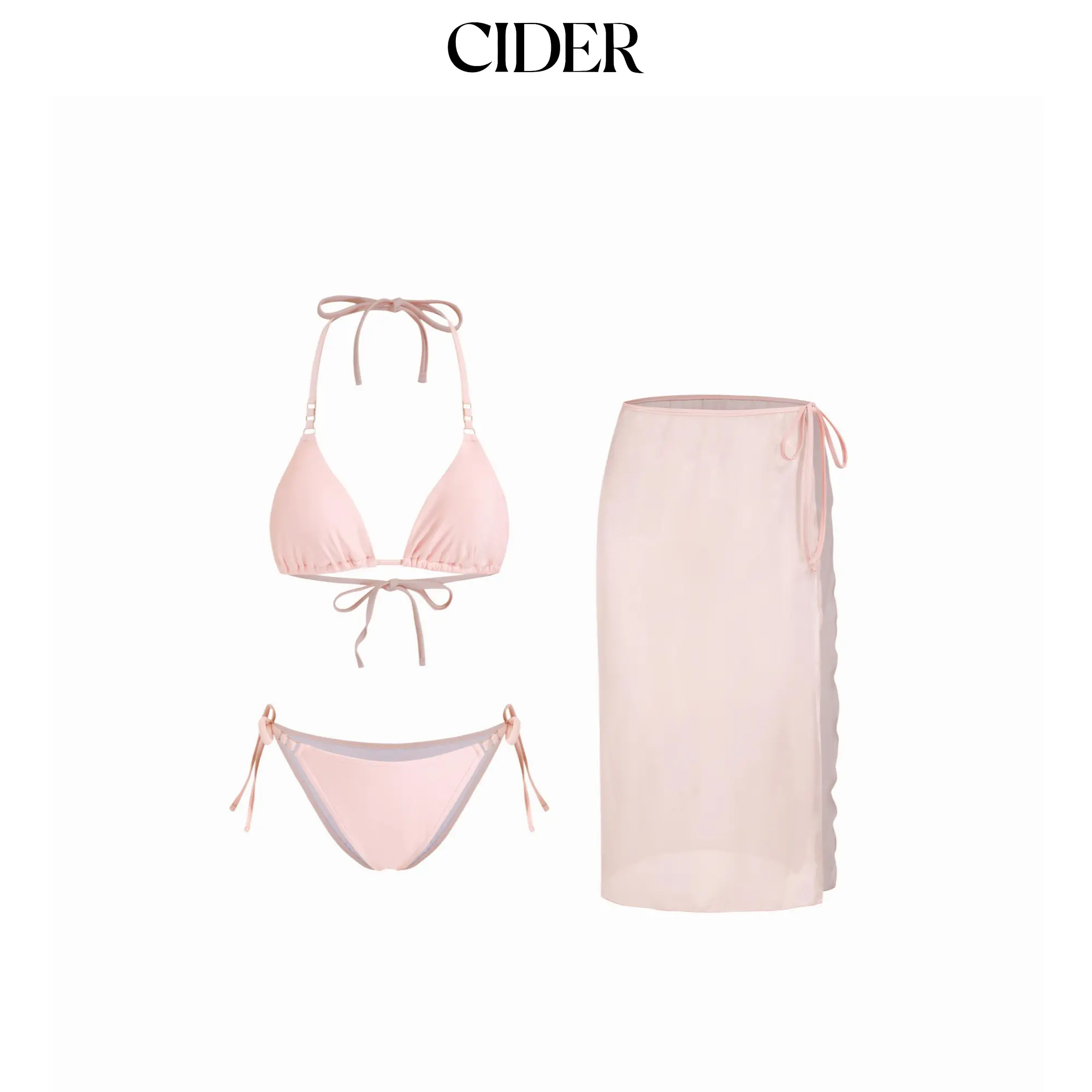 Cider Halter Neckline Triangle Bikini 3-Piece Set With Sheer Sarong