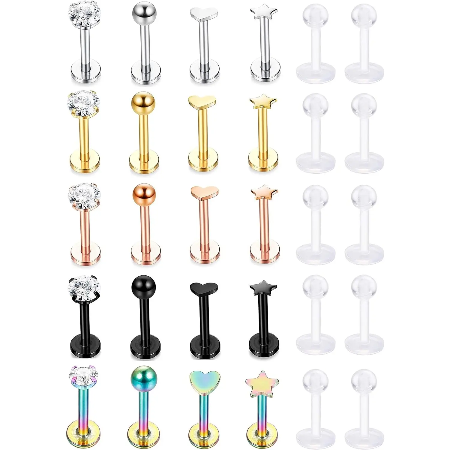 20 Pcs 16G 316L Stainless Steel Casual Piercing Jewelry Set for Men Women, Multi-Size Lightweight Bars with Flat Backs for Everyday Wear - Cartilage, Tragus, Helix, Rook, Monroe, Medusa Lip Rings