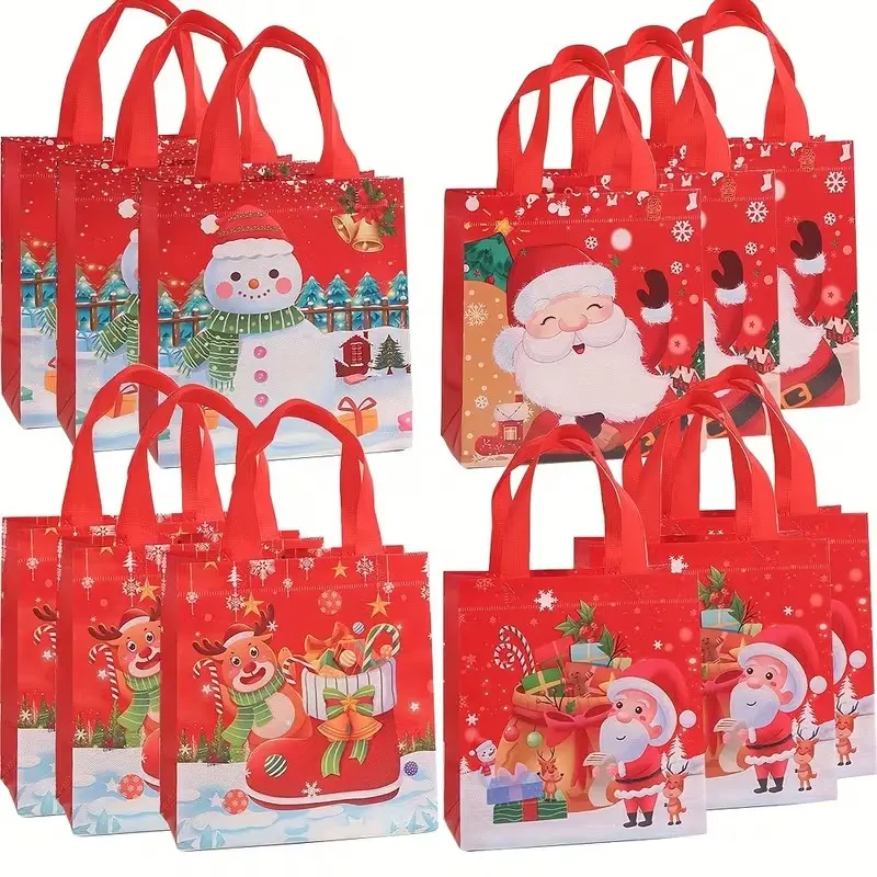 12Pcs Reusable Christmas Non-Woven Tote Bags, Assorted Holiday Gift Treat Bags with Handles, Cute Santa Snowman Reindeer Party Bags