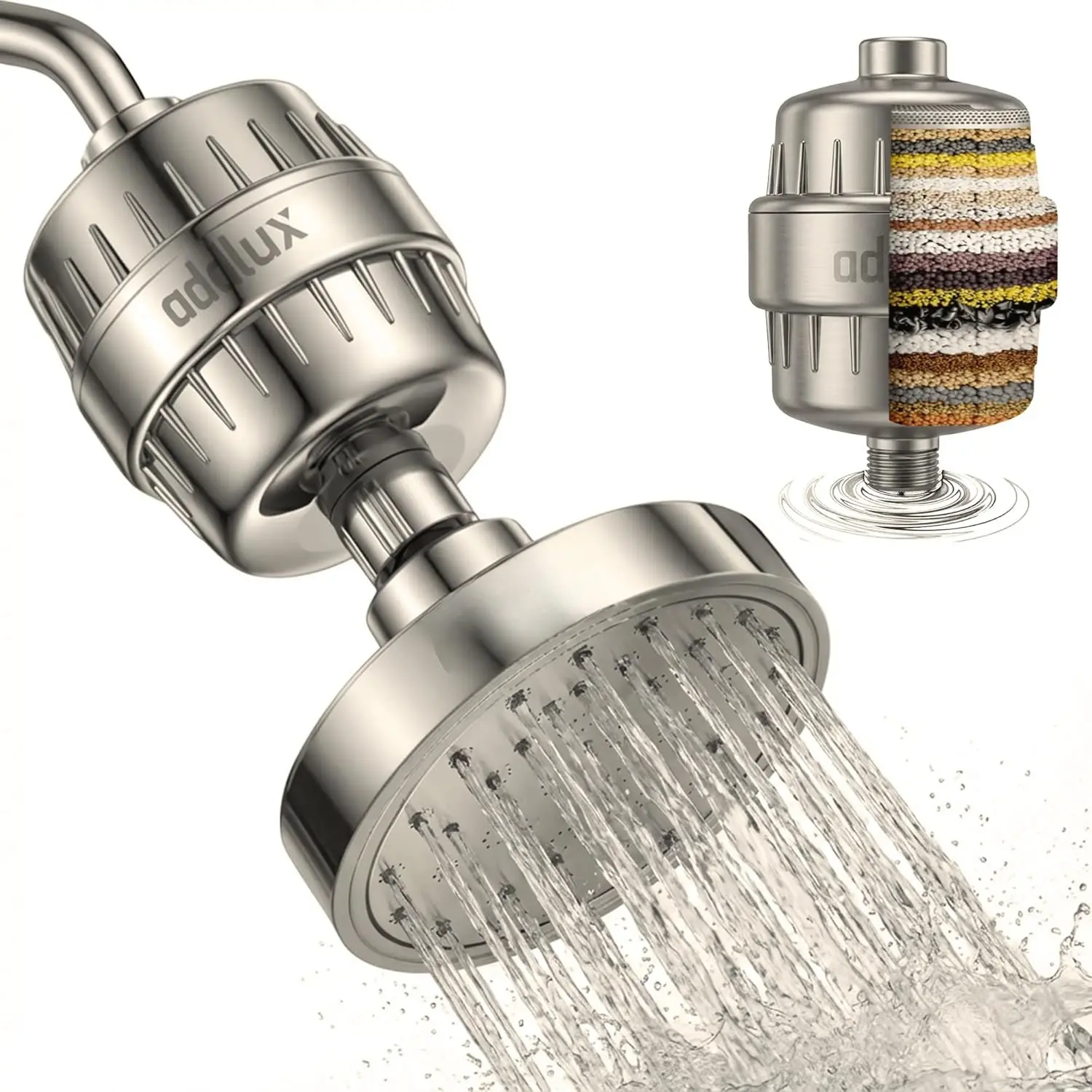 Filtered Shower  for Hard Water – Luxury 15 Stage High  Shower Filter with Real Stainless Steel Shower  & Brushed ABS Stainless Steel , Reduces Heavy Metals