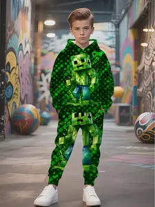Minecraft Pixel Set, Fluorescent Hoodie & Joggers, World Theme Cool Two-Piece, Casual Fitted Spring & Fall