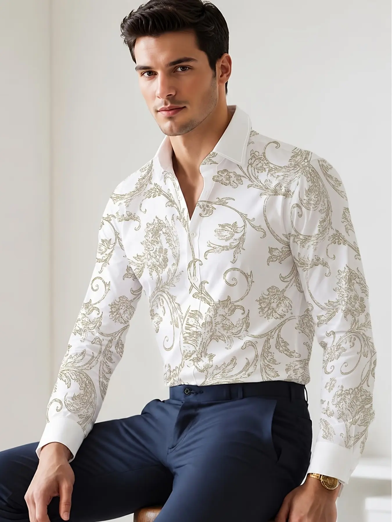 Men Slim Fit Long Sleeve Button Up Shirt Heat Sublimation White Base Golden Baroque Scroll Floral Print Wrinkle Resistant Dress Shirts Club Wedding Dating Business Casual Outfits For Luxury Gentlemen