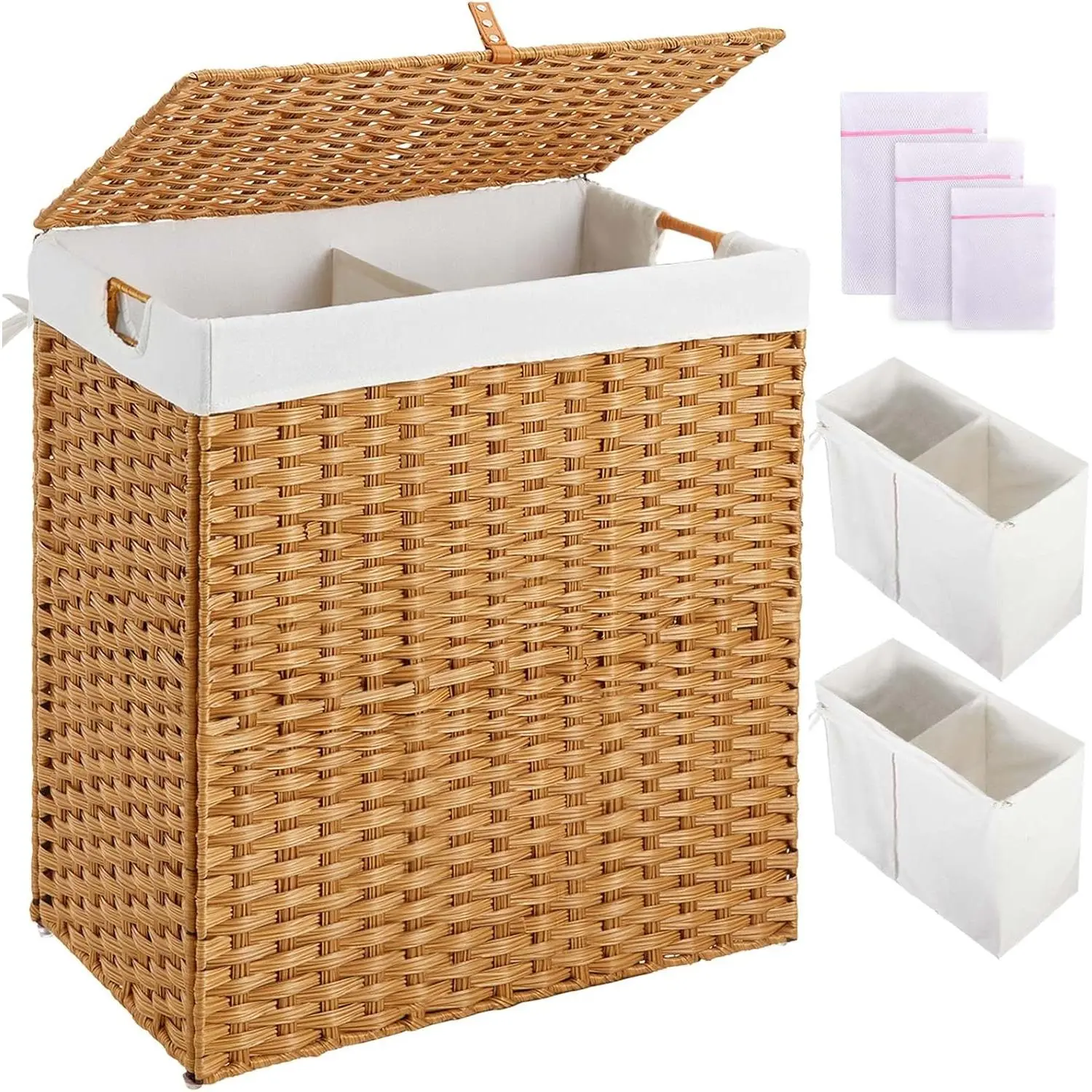 No Install Needed 110L Foldable Wicker Laundry Hamper with Lid, 2 Removable Liner Bags, 2 Section Handwoven Rattan Clothes Hamper with Handles, Natural