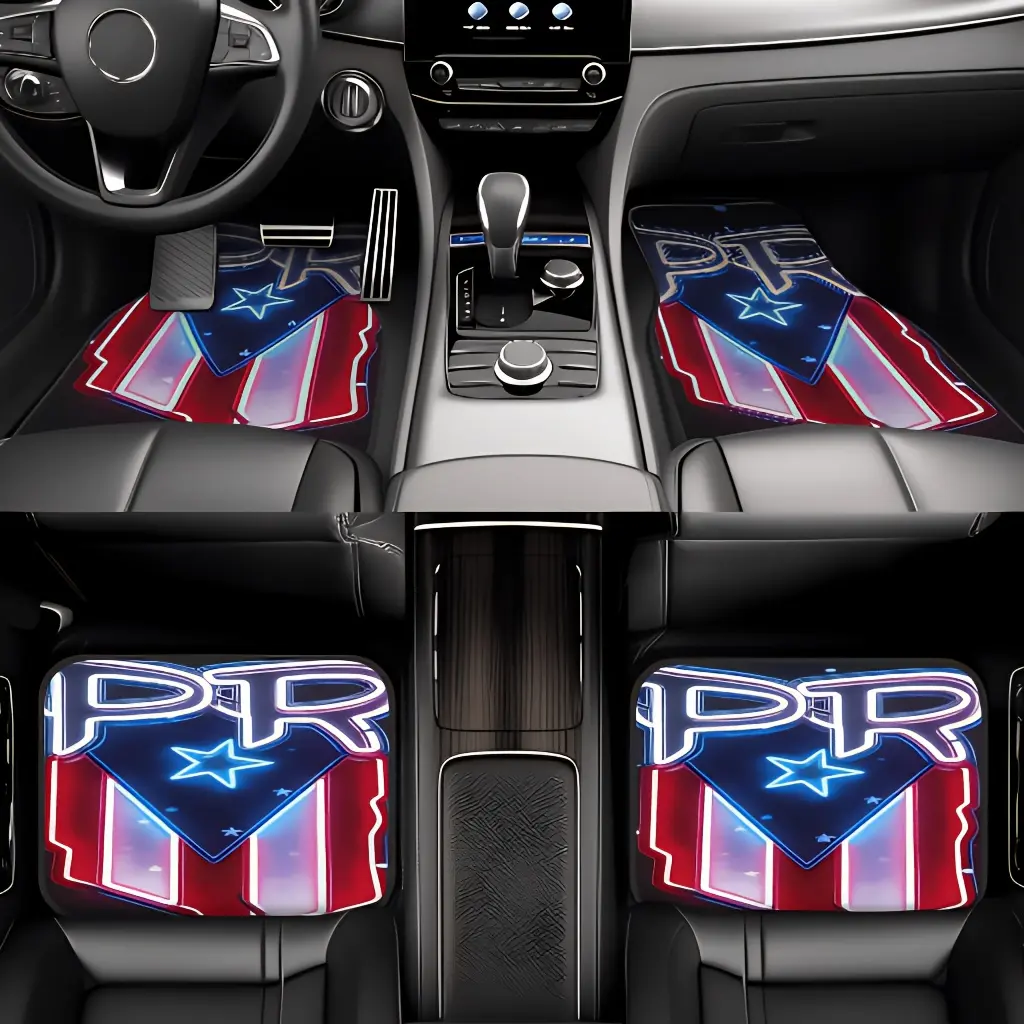4pcs, Car Floor Mats Car Mat Set Exquisite Neon Puerto Rico PR Flag Car Foot Mats Theme, Perfect Design Personalized Pattern, Suitable for Cars, Trucks And Suvs, Durable And Easy to Clean, All-Season Use, Perfect for Car Enthusiasts Decoration