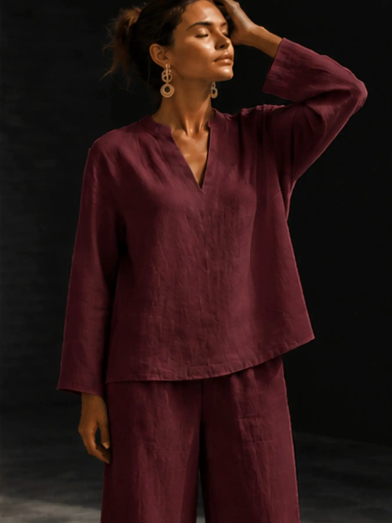 Women's 2 Piece Lounge Set, Long Sleeve V Neck Top and Wide Leg Pants, Casual Pajama Set, Relaxed Sleepwear, Autumn/winter