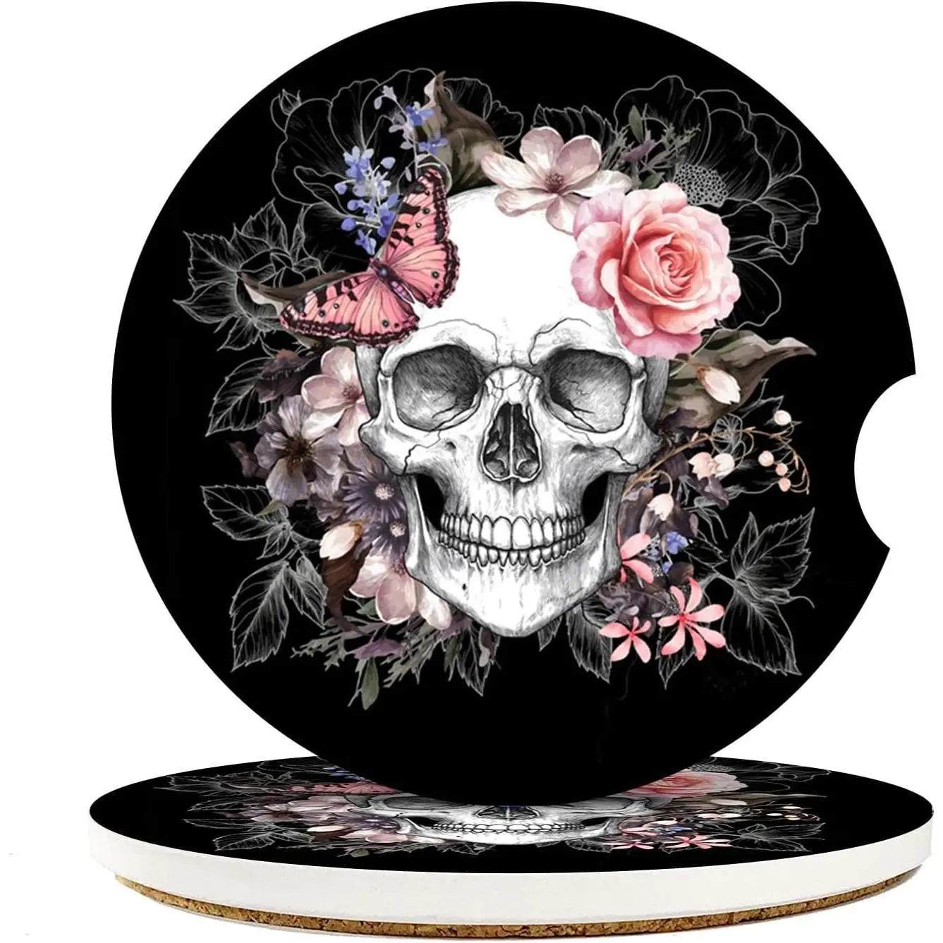 Coasters for Drinks, 2 count Ceramic Stone 2.56" Skull | Floral Rose   Absorbent Non-Scratch Cork Base Cupholder Auto Accessories for Women Men