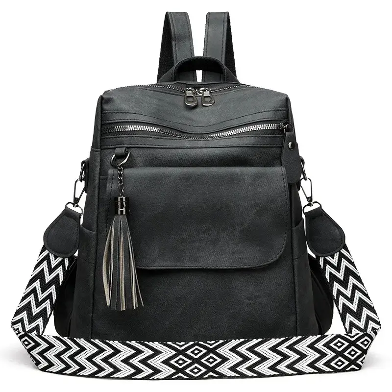 Women's Ethnic Style Soft Leather Backpack for Daily Commute, Shopping, Campus,Casual All-Match Daypack with Multi-Compartment Storage, Wide Padded Straps, Decorative Tassels, Secure Zipper Closure, Soft Durable Build for All-Day Comfort