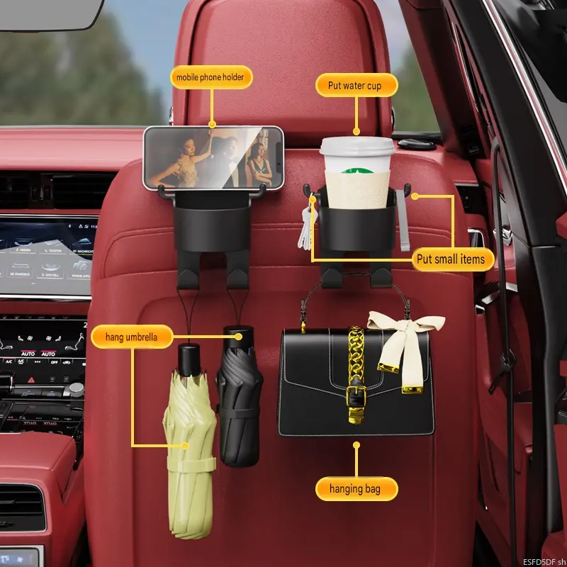 Durable Car Headrest Hook, Universal Multi-use Organizer with Cup Holder and Mobile Mount for In-car Storage, Holds Items, Multi-Use Hooks, Cup + Phone, Multi-Hooks