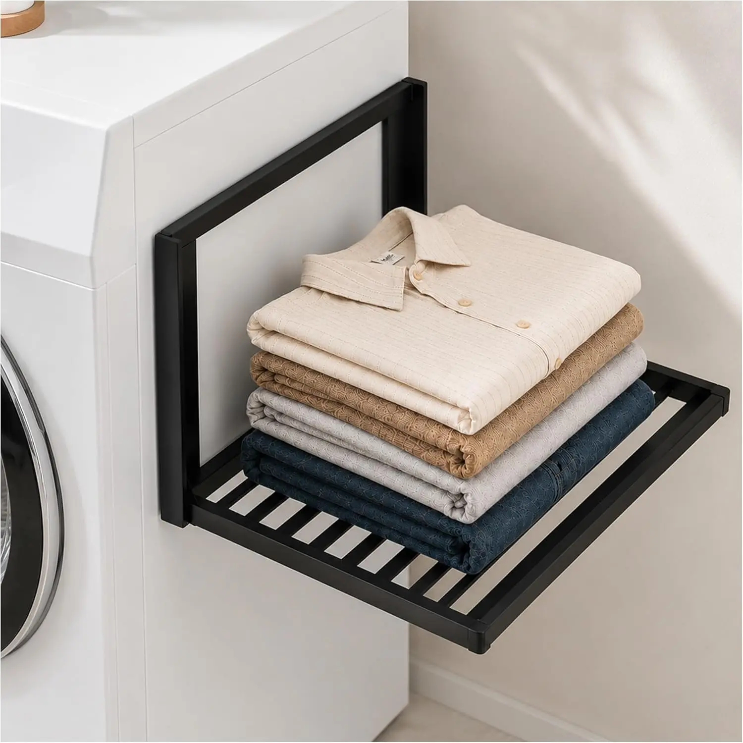 Magnetic No-Drill Laundry Organizer Shelf for Washer-Dryer, 11-13 lbs Heavy-Duty Foldable Side Rack - Durable and Stable, Keeps Room Neat for Bathroom, Kitchen Home Supplies, Holds Up To 5-6 Kg, Carbon Steel