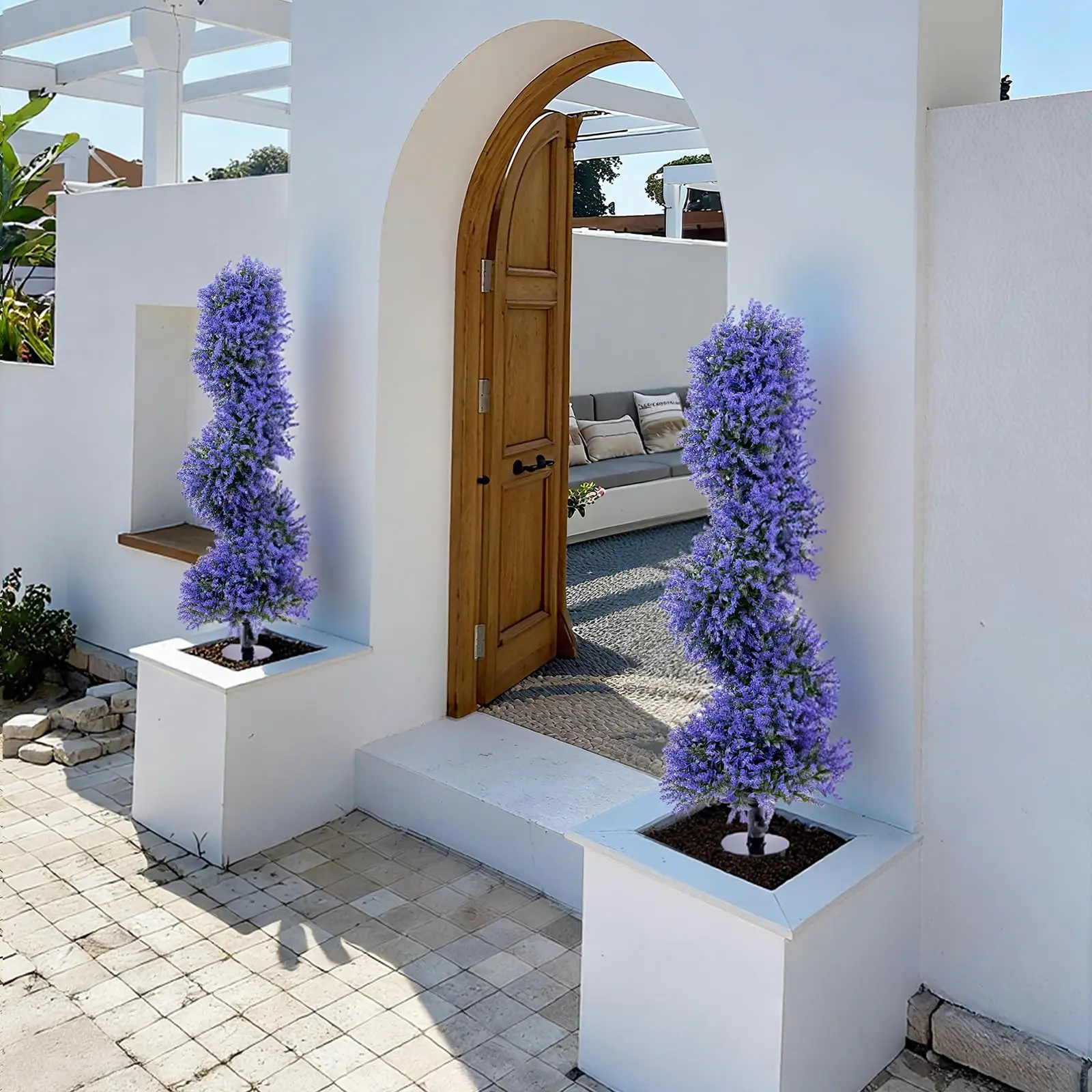 2PCS 35" UV Resistant Spiral Lavender Topiary Trees with Iron Stakes, UV-Resistant Faux Outdoor Plants Indoor with Metal Stakes, Fake Plants for Front Porch Home Office Garden Decor
