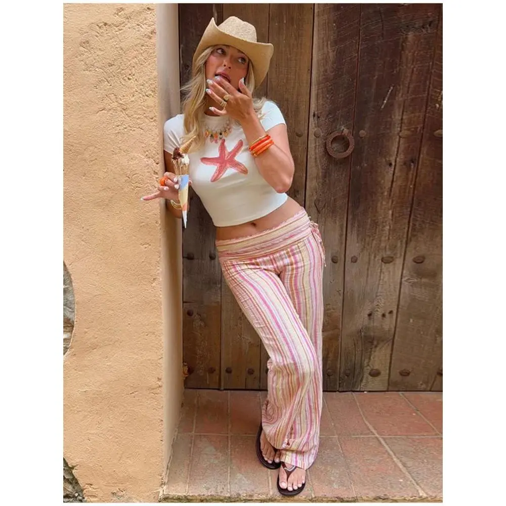 Color Block Vertical Stripe Flare Pants Print Tie Waist Vintage Casual All-match Women Trousers 2026 Vacation Fashion Outfits