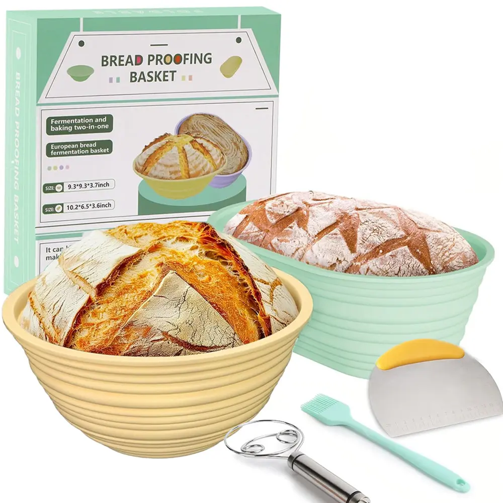 Thick Silicone Sourdough Banneton Proofing Basket Set 9.3 Inch Round 10.2 Inch Oval Dough Proofing Bowl Bread Making Kit Starter Baking Supplies Gift for Home Bakers