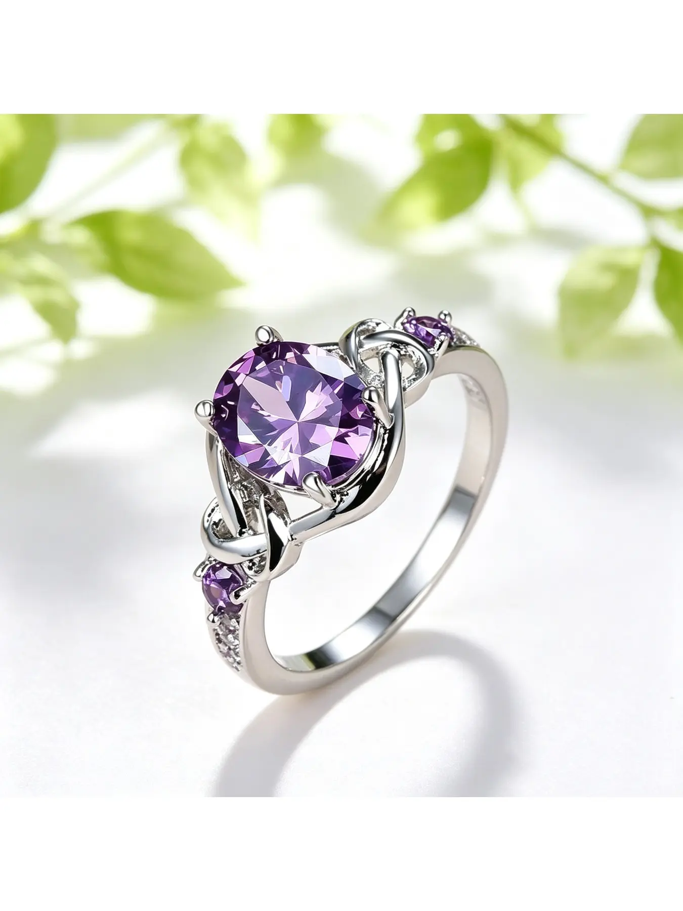 Oval Amethyst Celtic Knot Woven Engagement Ring, Bridal Ring, Gift for Women, Glossy Slim Band for Everyday Wear, Dreamy Gem Jewelry for Valentine Christmas Mother’s Day Proposal Anniversary Parties