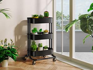 3 Tier Metal Rolling Utility Cart, Heavy-Duty Storage Rolling Cart with 2 Lockable Wheels, Multifunctional Mesh Organization Utility Cart for Kitchen Dining Room Living Room (Black)
