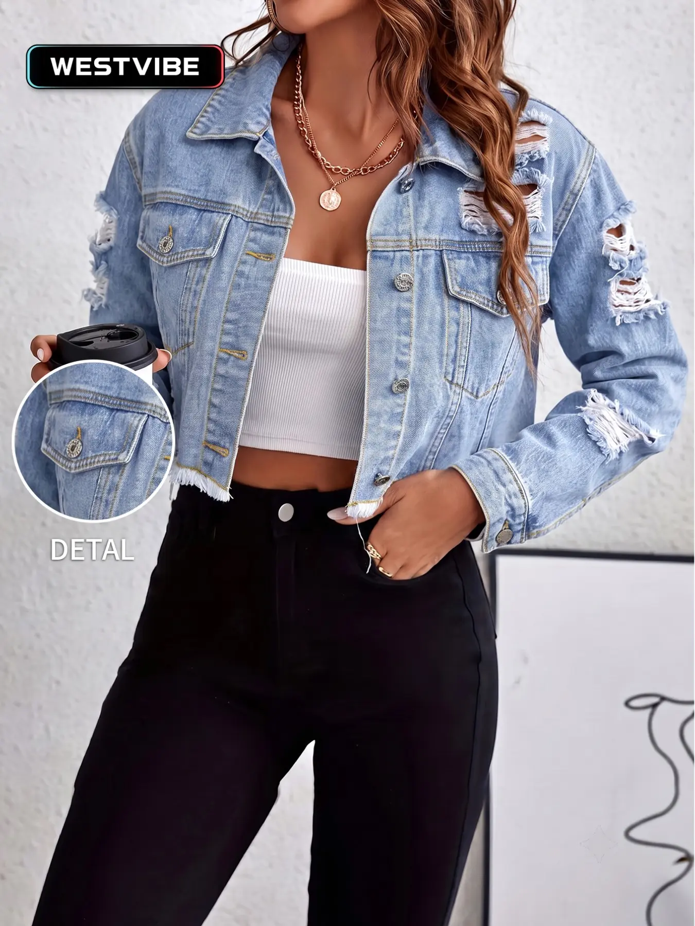 Women's Multi Ripped Raw Fray Cropped Light Blue Denim Jacket, Casual Slim-Fitting Outerwear, All Seasons Streetwear Top