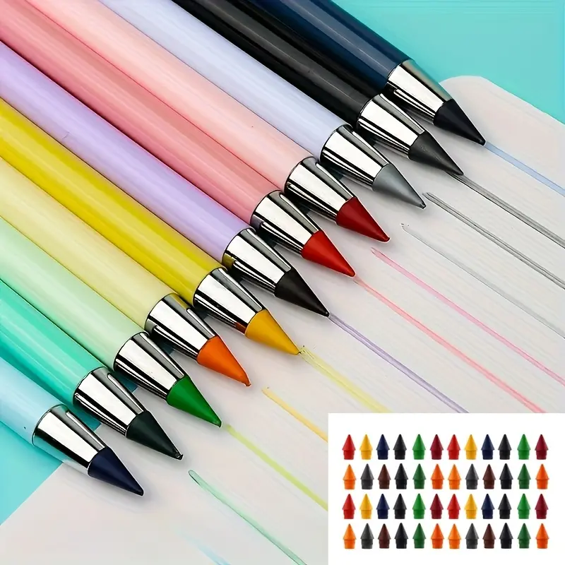 12 Color Pencils +48 Pencil Tips, 60pcs, 12-Color Never Wear Pencil with Eraser - Permanent Writing Infinite Pencil, Never Sharpened Never Fade Pencil, Forever Pencil for Sketching, Drawing Pencils