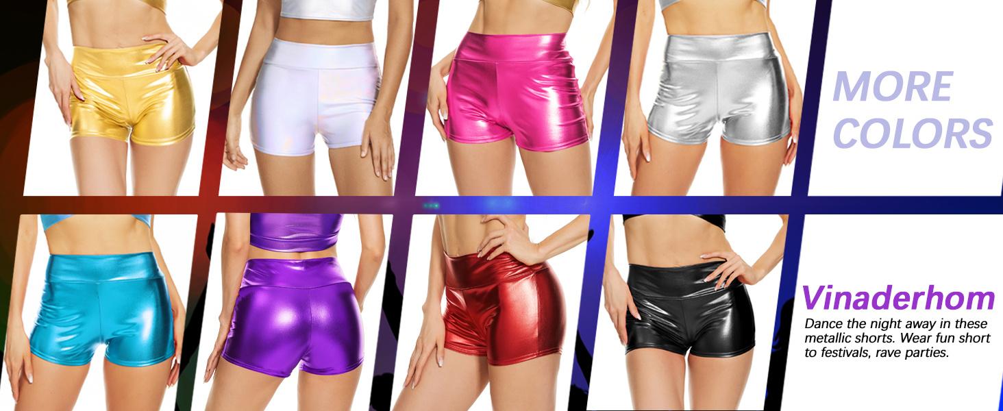 Women's Metallic Booty Shorts Shiny High Waisted Rave Bottoms for Dance Festival