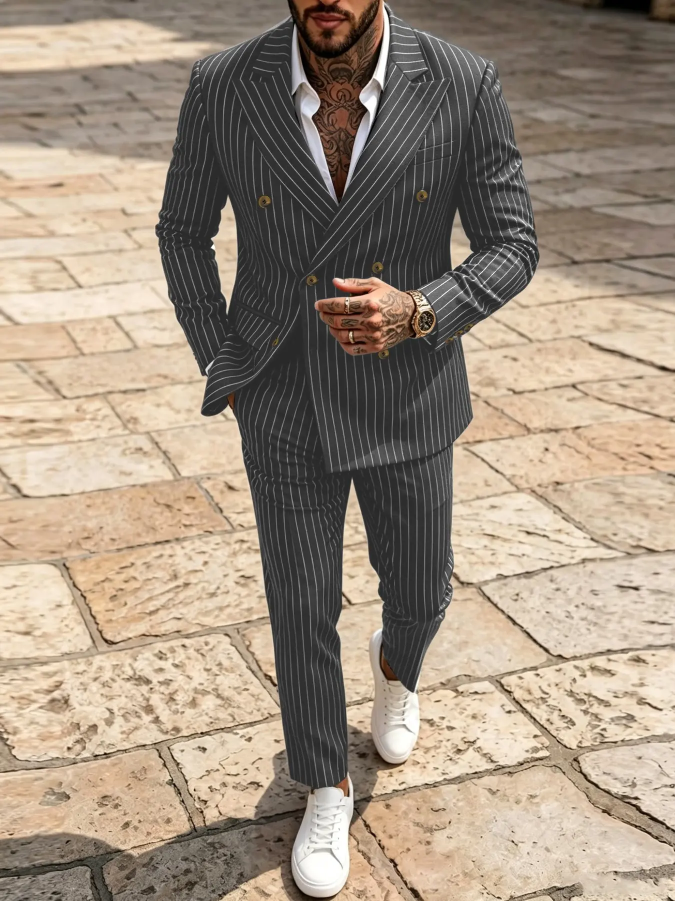 Men's Two-Piece Suit Set, Vertical Fine Stripes Double Button Blazer and Pants, Long Sleeve, Slim Fit, Business Wear, All Seasons, Formal