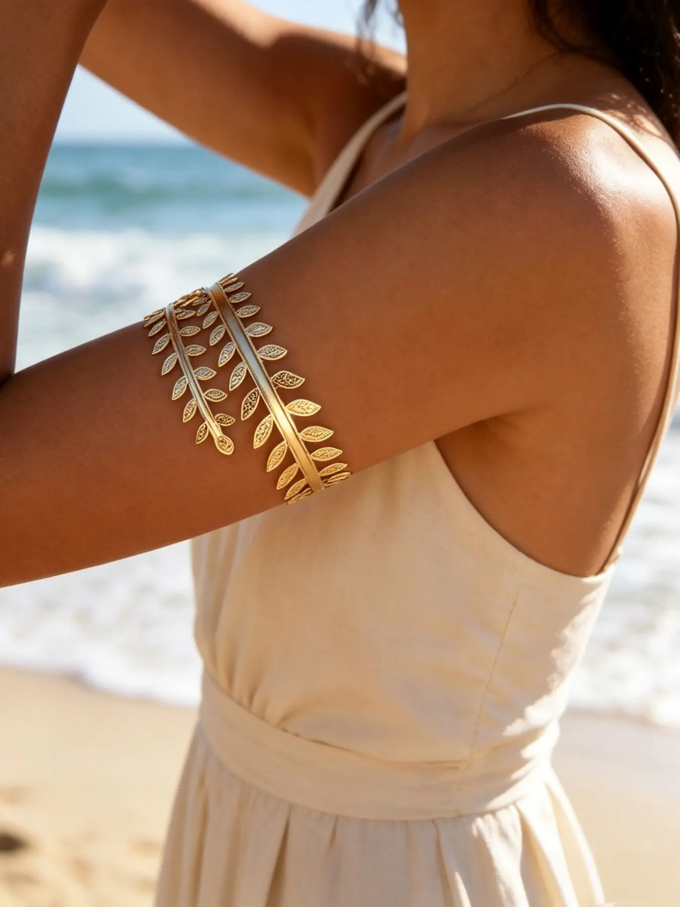 1PC Boho Gold Leaf Upper Arm Cuff Fashion Bracelet for Women, Adjustable Open Multi-Layer Olive Leaf Hollow Armband, Vintage Bohemian Summer Beach Travel Jewelry Accessories, Festival Holiday Party Statement Arm Jewelry Gift