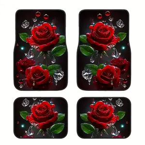 4pcs Set Of Red Rose Pattern Front And Rear Car Floor Mats, Suitable For All Seasons, Anti-slip, Stain-resistant And Easy To Clean. Car Interior Accessories, Suitable For All Vehicle Models. Valentine'S Day Gift.Gifts From Family And Friends