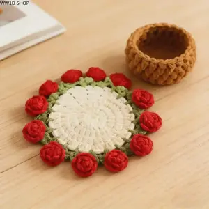 Handmade Crochet Rose Coaster Set for Coffee Tables and Home Decor, Knitted Floral Drink Coasters, Decorative Heat Resistant Table Accessory