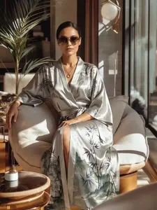 New Traditional Watercolor Bamboo Leaf Print Silk Long Sleepwear, V Neck Open Front Tie Morning Robe, Lightweight Velvet Seven-Quarter Sleeve