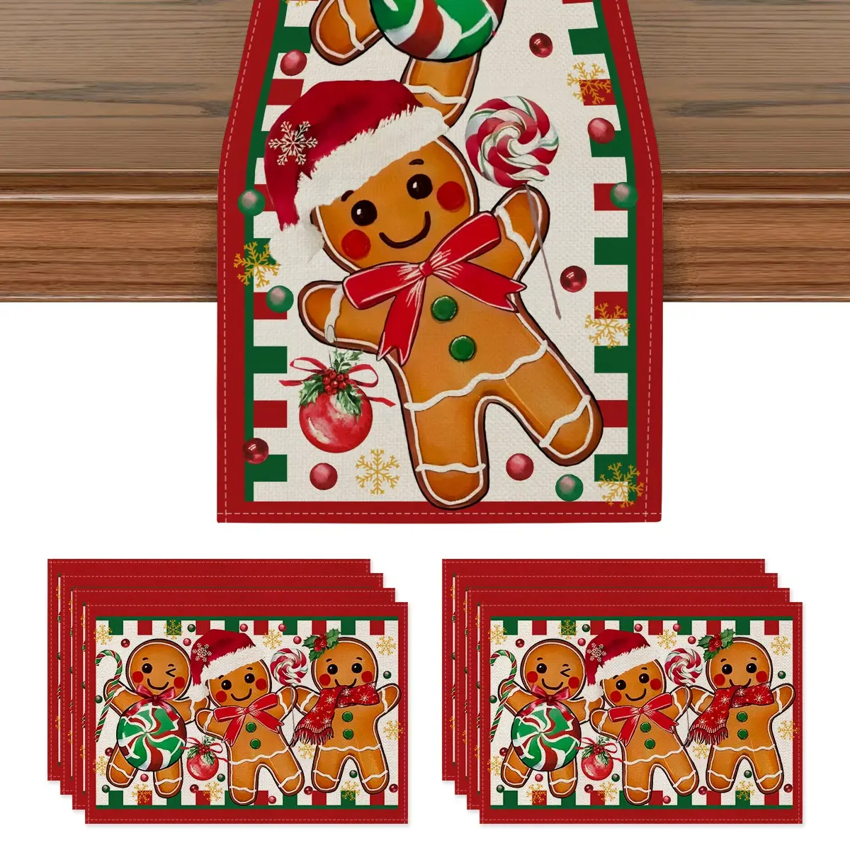 Christmas Table Runner and Placemat Set, Gingerbread Man Design, Perfect for Thanksgiving, Kitchen, Dining Room, Indoor Outdoor Use