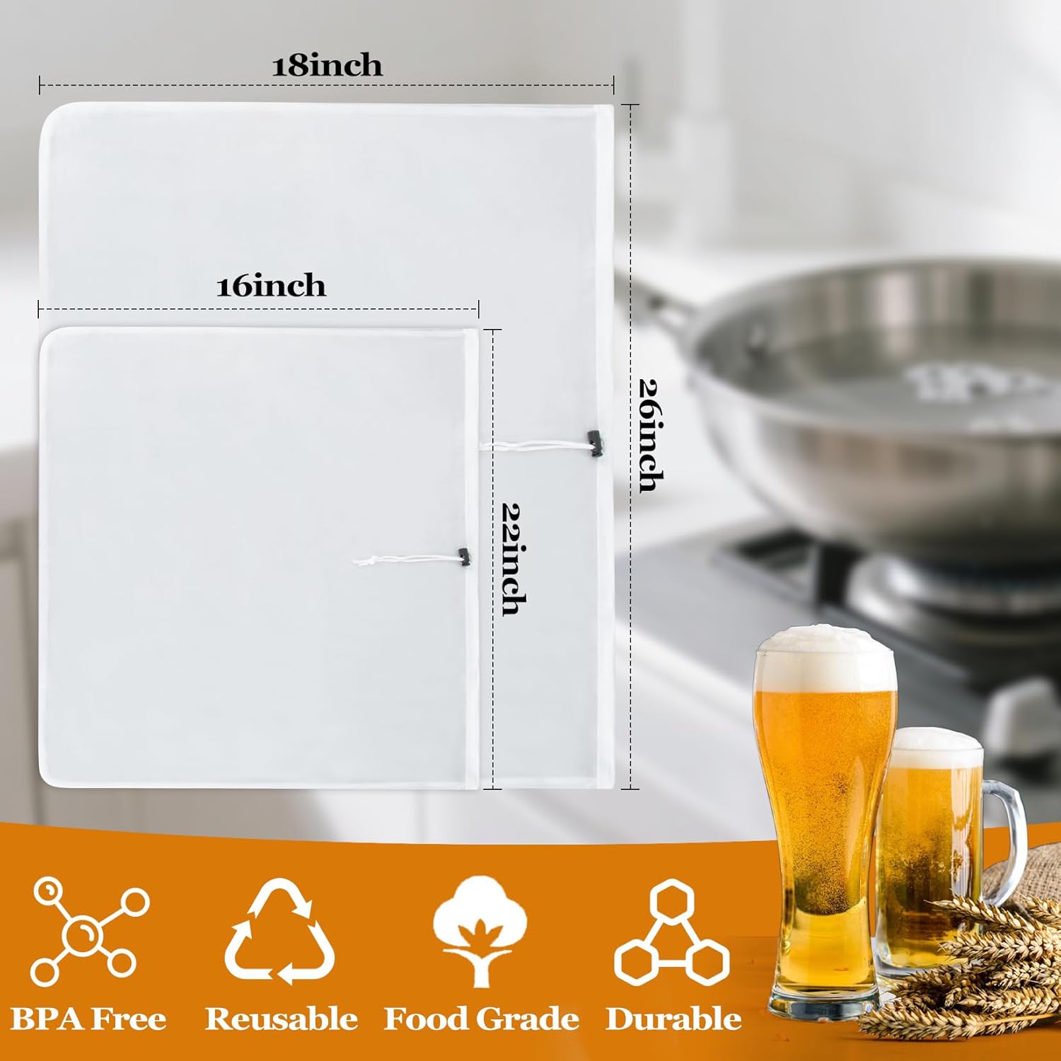 2 Pack Brew Bags - Fine Mesh Strainer Bag for Brewing, 26"x22", 16"x18" Straining Bag for Grape Press Fruit Cider Juice Grain Milk Making, Adjustable Drawstring 2 Pack Brew Bags - Fine Mesh Strainer Bag for Brewing, 26"x22", 16"x18" Straining Bag for Grape Press Fruit Cider Juice Grain Milk Making, Adjustable Drawstring