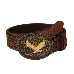 Western Cowboy Belt with Golden Eagle Buckle & Tooled Floral Pattern