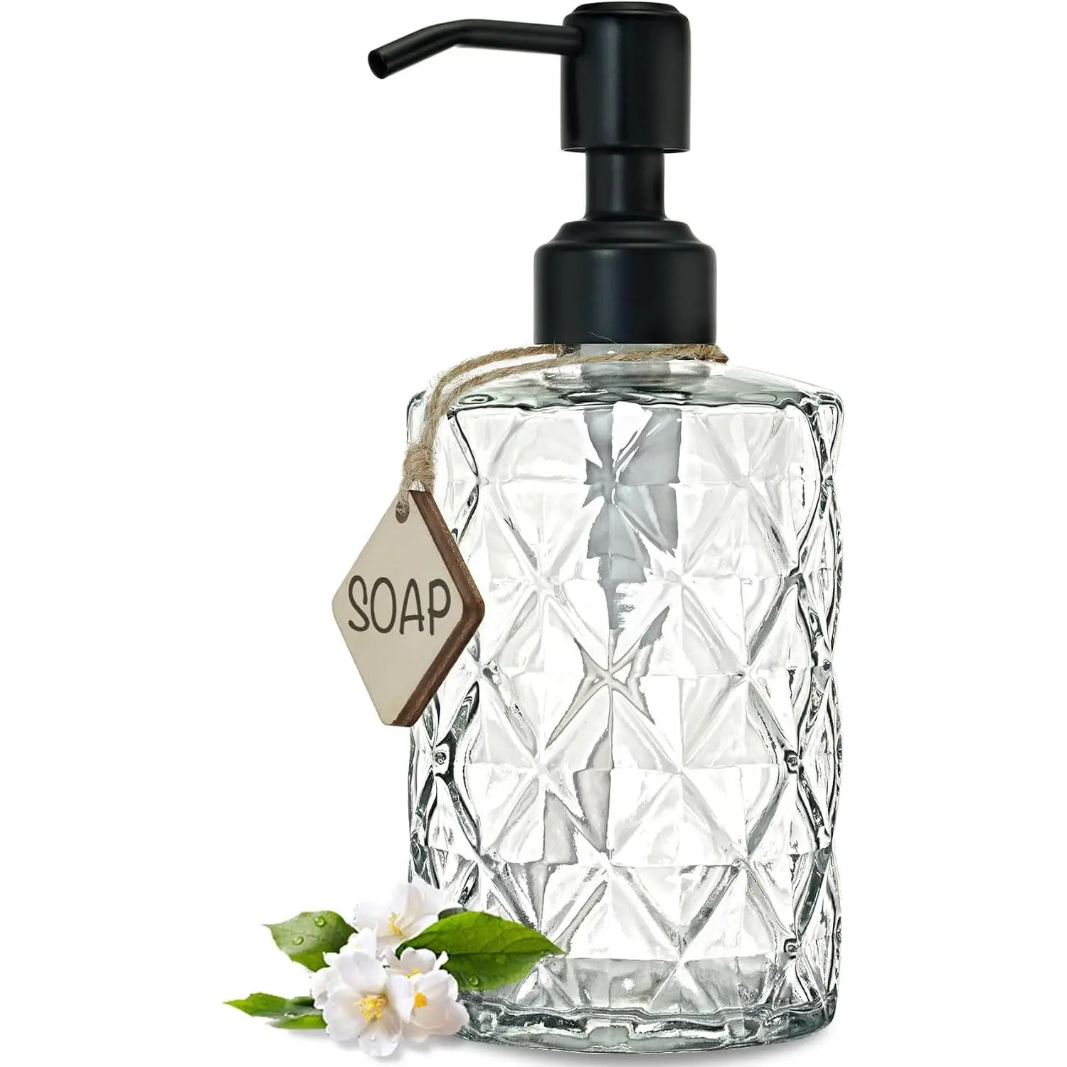 12 oz Diamond Glass Soap Dispenser with Black Pump |   Refillable Rust-Resistant Bottle for Hand Soap, Dish Soap & Lotion, Bathroom or Kitchen