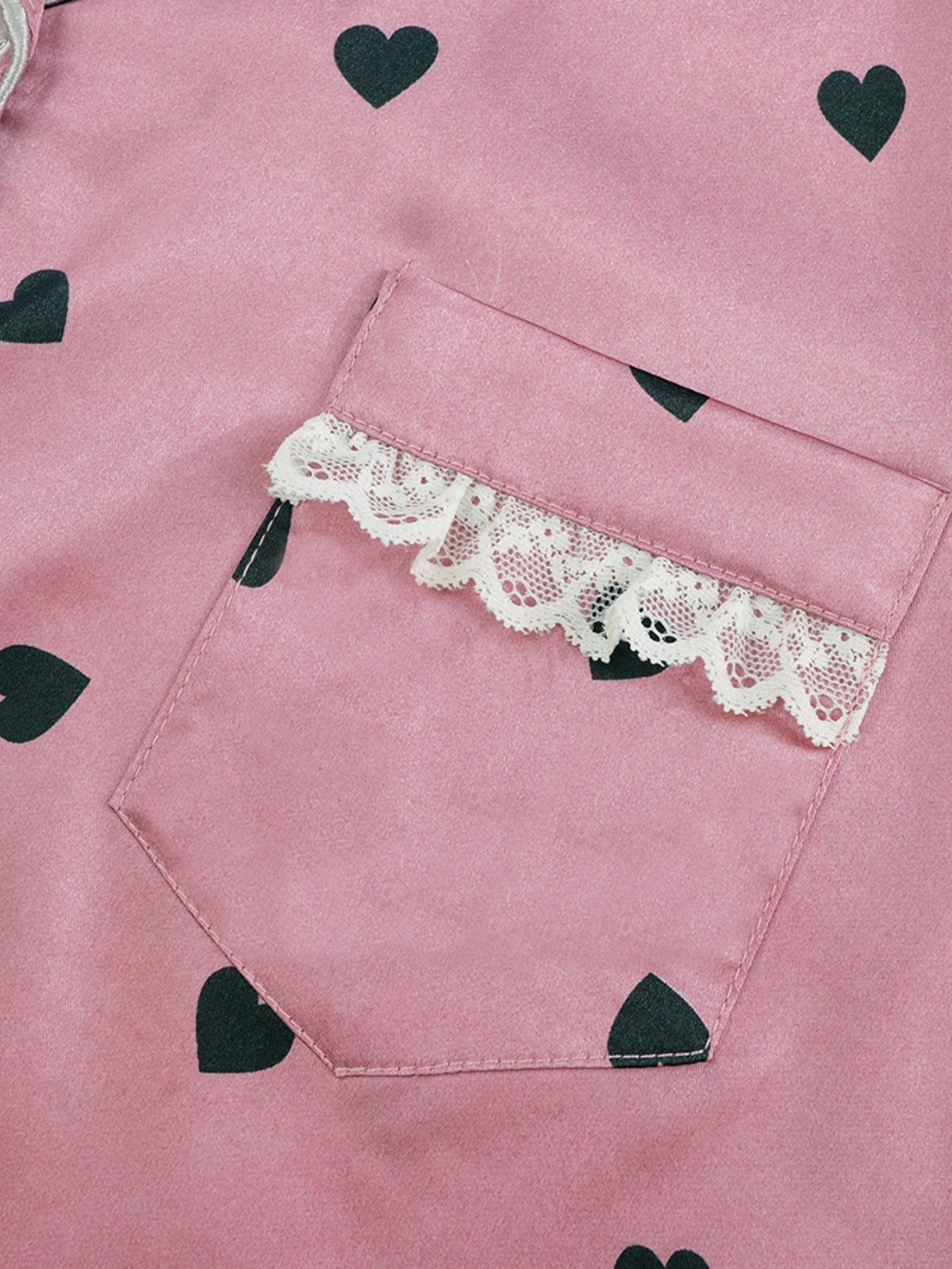 Women's Heart Print Contrast Binding Lapel Shirt & Elastic Waist Shorts Pyjama Set, Casual Comfy Short Sleeve Pocket Button Up Top & Shorts Pj Set, Ladies Soft Satin Sleepwear for All Seasons