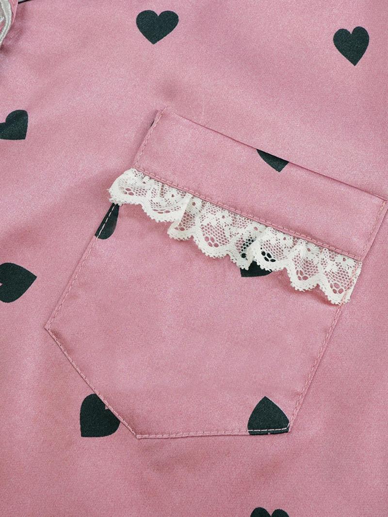 Women's Heart Print Contrast Binding Lapel Shirt & Elastic Waist Shorts Pyjama Set, Casual Comfy Short Sleeve Pocket Button Up Top & Shorts Pj Set, Ladies Soft Satin Sleepwear for All Seasons