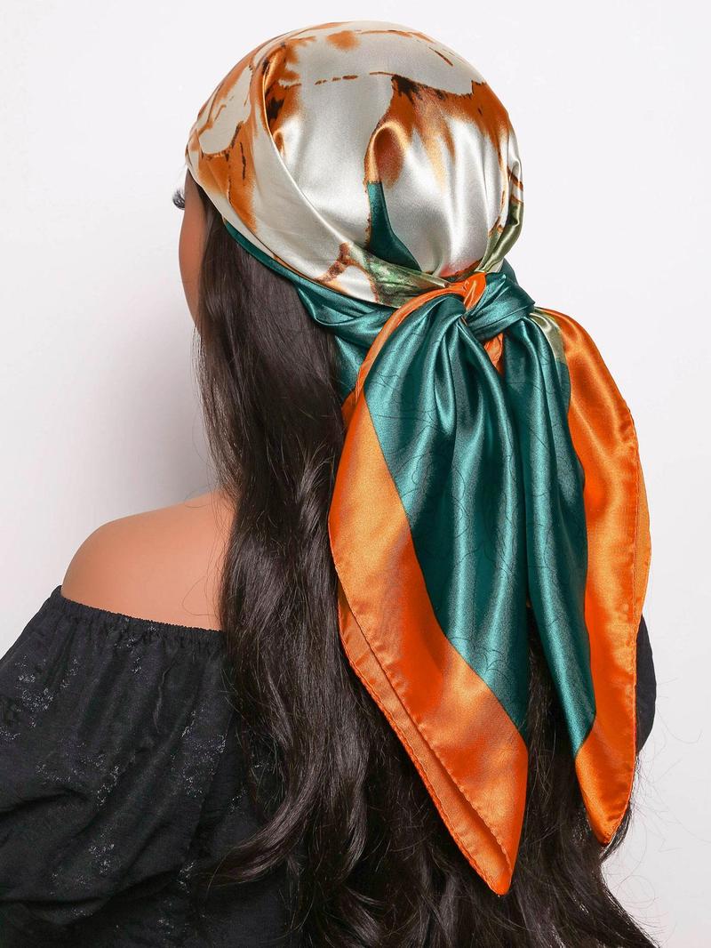 Women's Floral Print Square Scarf, Fashionable Soft Satin Scarf for Daily Wear, Casual Versatile Scarf for Women & Girls